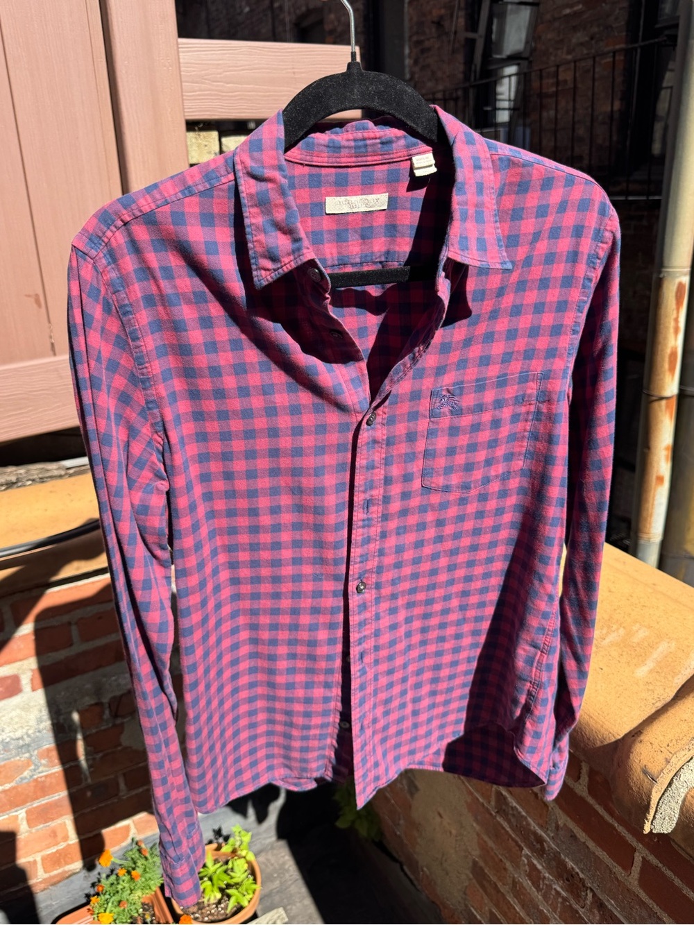 Burberry Pink and Blue Check Long-Sleeve Button-Down Shirt